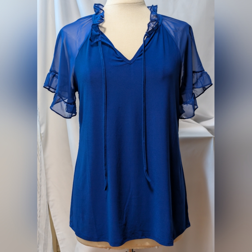 Sale Price Royal Blue Sheer Sleeve Pop Up Colar Women's blouse top. Zero 2 Eight - Picture 3 of 16
